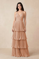 Tiered Pleated V - Neck A - Line Chiffon Bridesmaid Dress in Champagne Rose - KISS BRIDAL Bridesmaid Dresses
