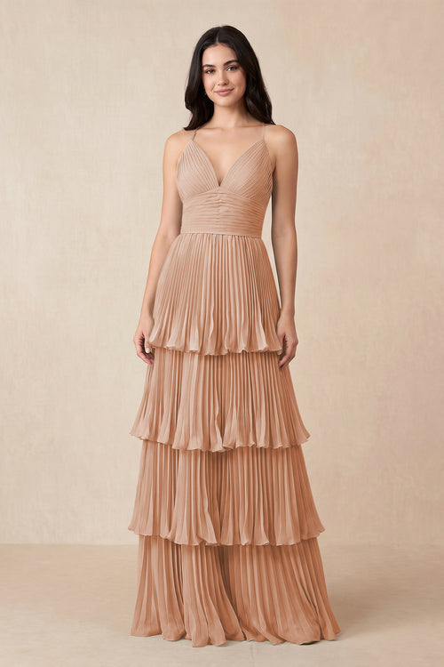 Tiered Pleated V - Neck A - Line Chiffon Bridesmaid Dress in Champagne Rose - KISS BRIDAL Bridesmaid Dresses