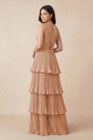 Tiered Pleated V - Neck A - Line Chiffon Bridesmaid Dress in Champagne Rose - KISS BRIDAL Bridesmaid Dresses