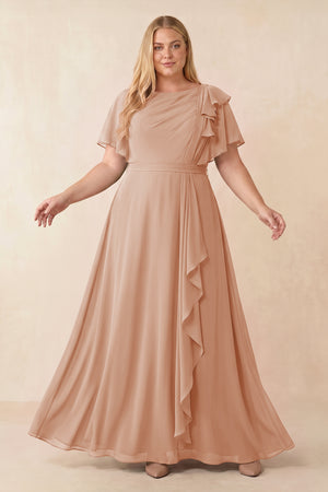Short Sleeves Bateau A-Line Chiffon Bridesmaid Dress in Champagne Rose