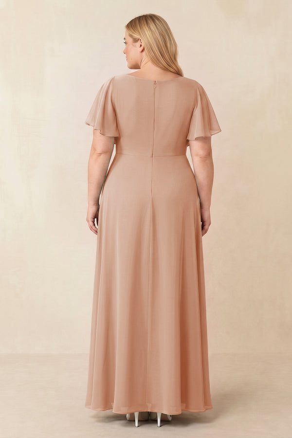 Short Sleeves Bateau A-Line Chiffon Bridesmaid Dress in Champagne Rose