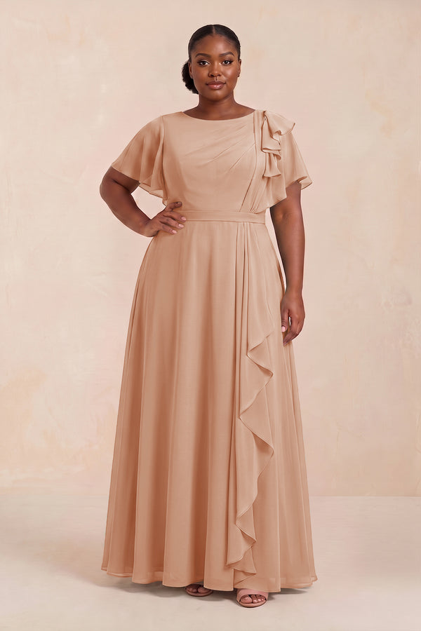 Short Sleeves Bateau A-Line Chiffon Bridesmaid Dress in Champagne Rose