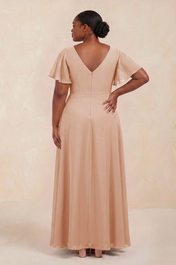 Short Sleeves Bateau A-Line Chiffon Bridesmaid Dress in Champagne Rose