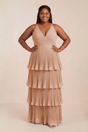 Tiered Pleated V-Neck A-Line Chiffon Bridesmaid Dress in Champagne Rose