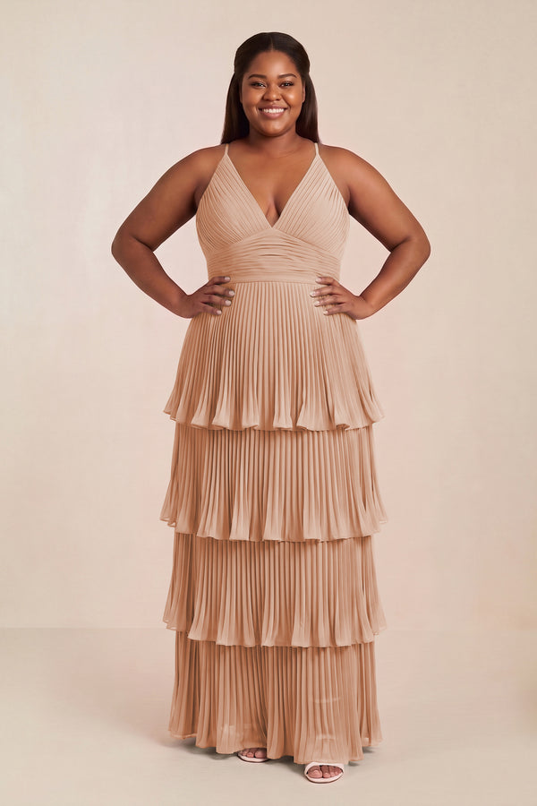 Tiered Pleated V-Neck A-Line Chiffon Bridesmaid Dress in Champagne Rose