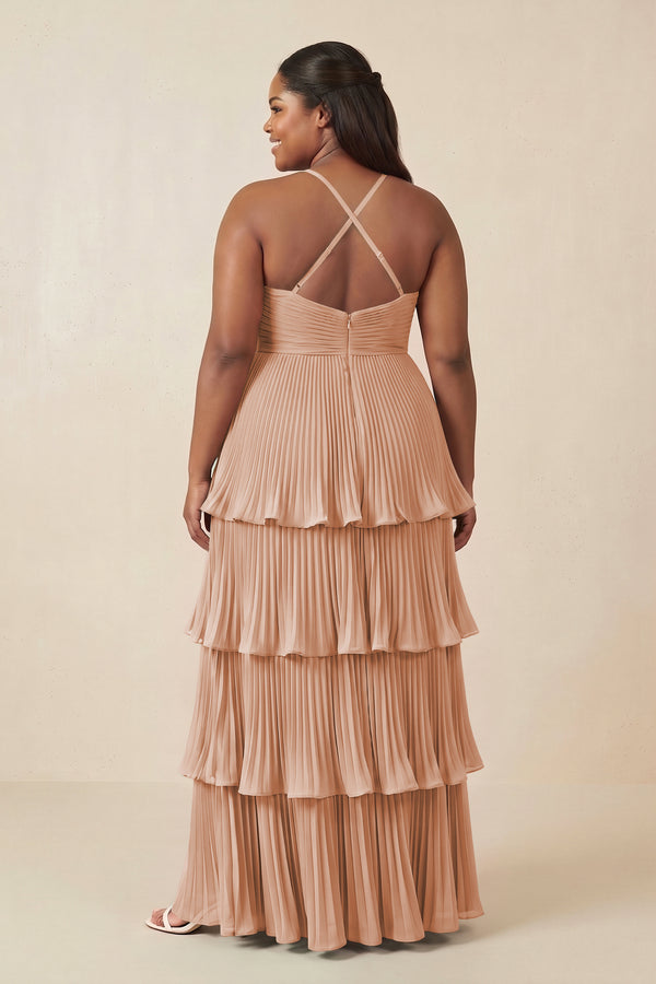 Tiered Pleated V-Neck A-Line Chiffon Bridesmaid Dress in Champagne Rose