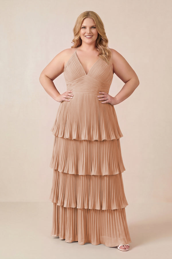 Tiered Pleated V-Neck A-Line Chiffon Bridesmaid Dress in Champagne Rose