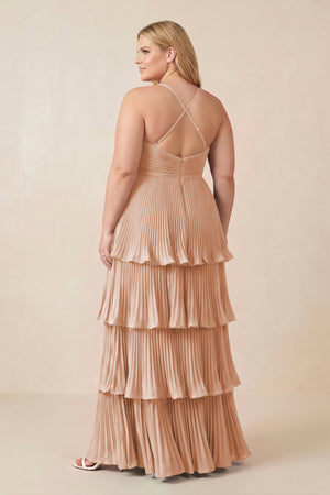 Tiered Pleated V-Neck A-Line Chiffon Bridesmaid Dress in Champagne Rose