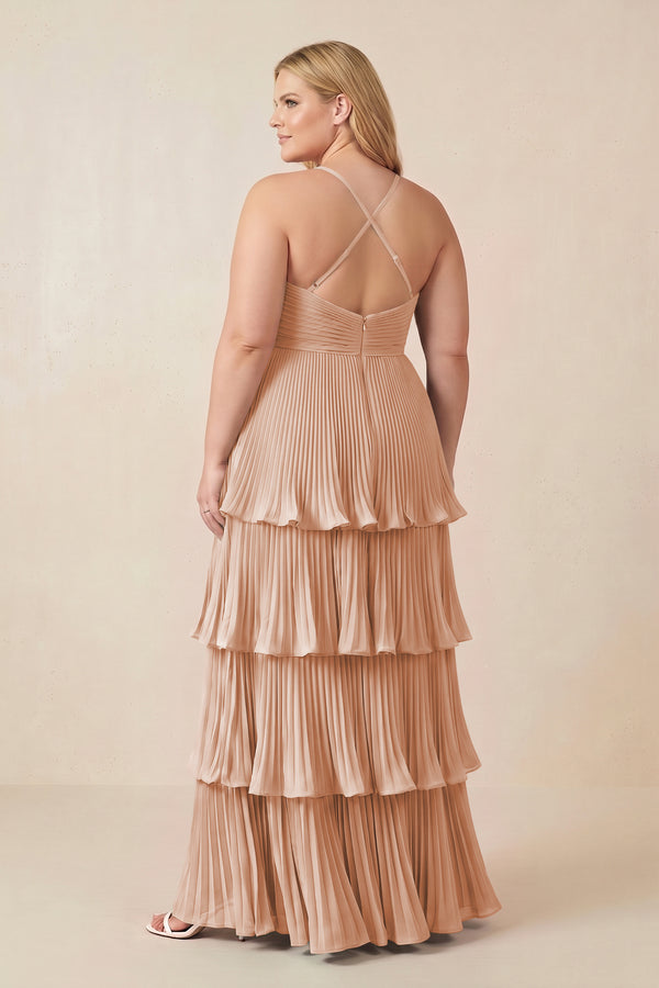 Tiered Pleated V-Neck A-Line Chiffon Bridesmaid Dress in Champagne Rose