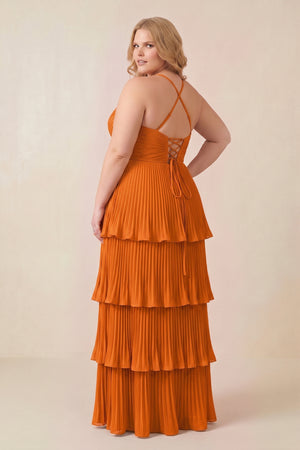 Tiered Pleated V - Neck A - Line Chiffon Bridesmaid Dress in Cinnamon - KISS BRIDAL Bridesmaid Dresses