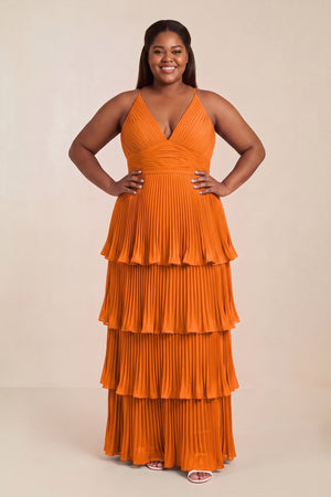 Tiered Pleated V - Neck A - Line Chiffon Bridesmaid Dress in Cinnamon - KISS BRIDAL Bridesmaid Dresses