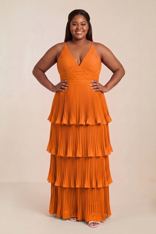 Tiered Pleated V - Neck A - Line Chiffon Bridesmaid Dress in Cinnamon - KISS BRIDAL Bridesmaid Dresses