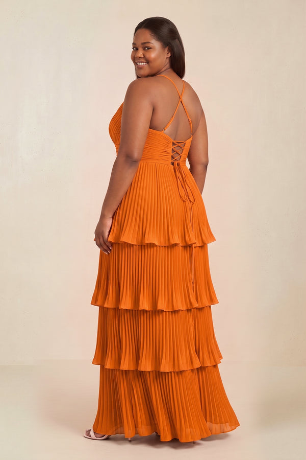 Tiered Pleated V - Neck A - Line Chiffon Bridesmaid Dress in Cinnamon - KISS BRIDAL Bridesmaid Dresses