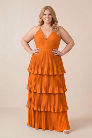 Tiered Pleated V - Neck A - Line Chiffon Bridesmaid Dress in Cinnamon - KISS BRIDAL Bridesmaid Dresses