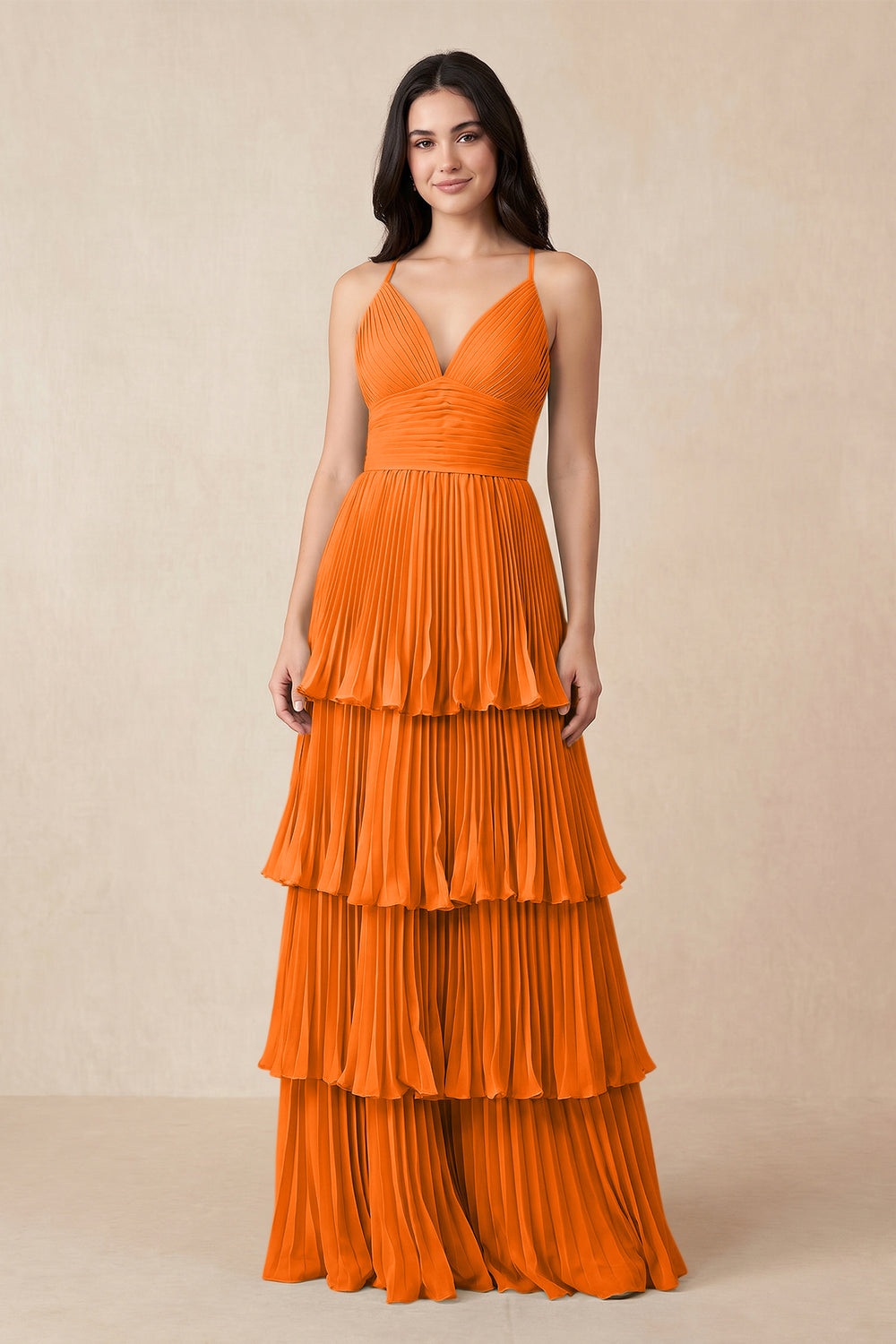 Tiered Pleated V-Neck A-Line Chiffon Bridesmaid Dress in Cinnamon