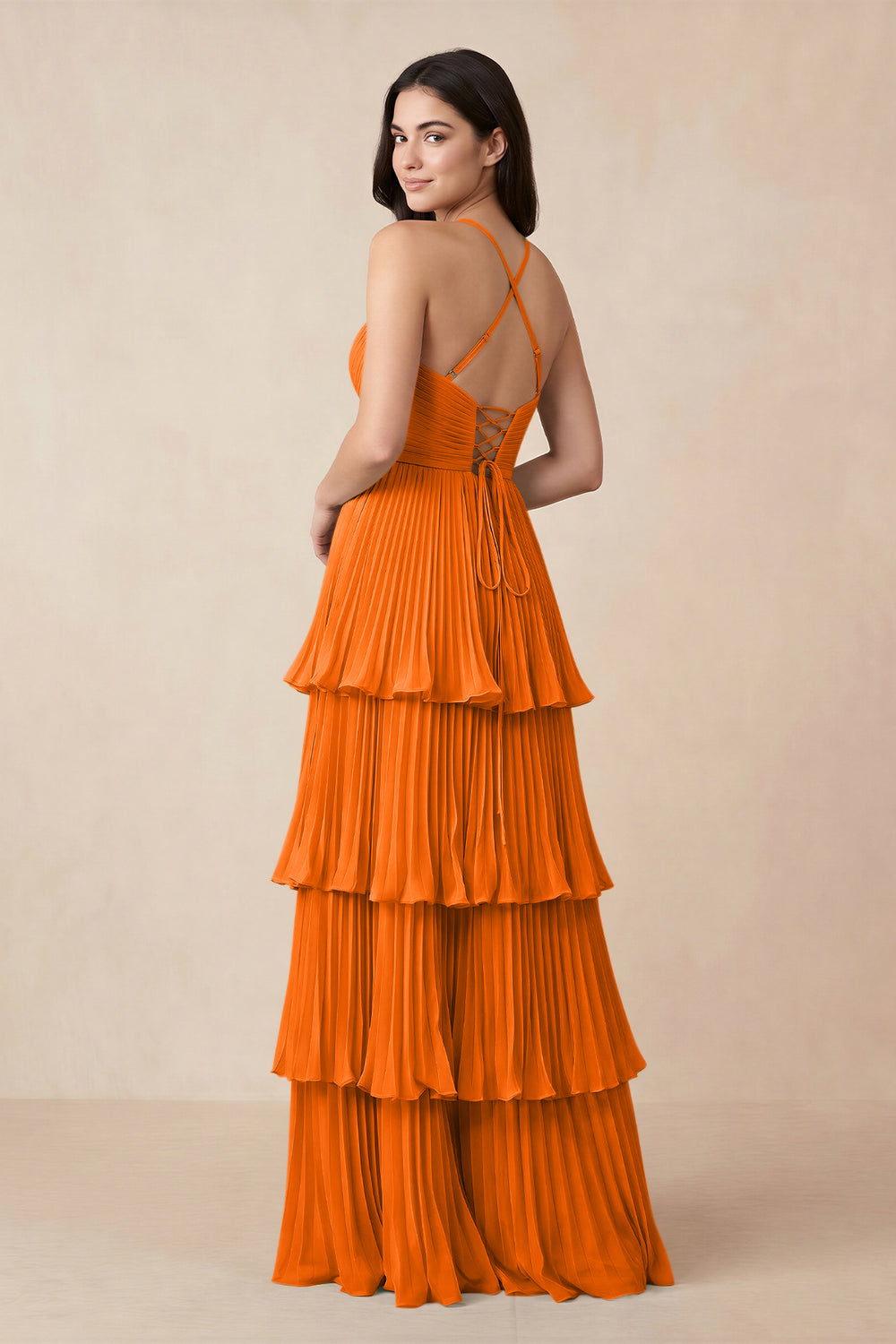 Tiered Pleated V-Neck A-Line Chiffon Bridesmaid Dress in Cinnamon