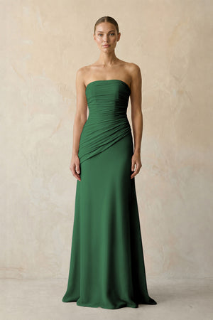Dark Green Sheath Chiffon Strapless Pleated Bridesmaid Dress in Frost - KISS BRIDAL Bridesmaid Dresses