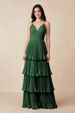 Tiered Pleated V - Neck A - Line Chiffon Bridesmaid Dress in Dark Green - KISS BRIDAL Bridesmaid Dresses