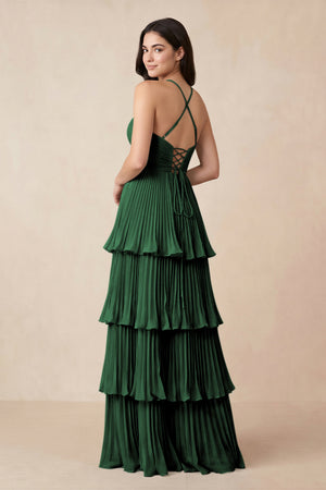 Tiered Pleated V - Neck A - Line Chiffon Bridesmaid Dress in Dark Green - KISS BRIDAL Bridesmaid Dresses