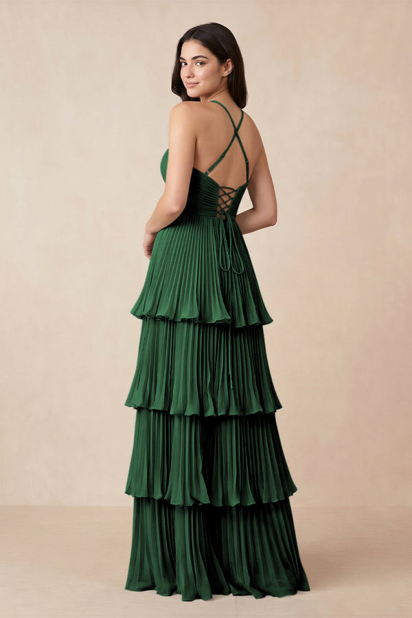 Tiered Pleated V - Neck A - Line Chiffon Bridesmaid Dress in Dark Green - KISS BRIDAL Bridesmaid Dresses