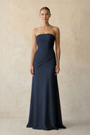 Dark Navy Sheath Chiffon Strapless Pleated Bridesmaid Dress in Frost - KISS BRIDAL Bridesmaid Dresses