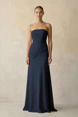 Dark Navy Sheath Chiffon Strapless Pleated Bridesmaid Dress in Frost - KISS BRIDAL Bridesmaid Dresses