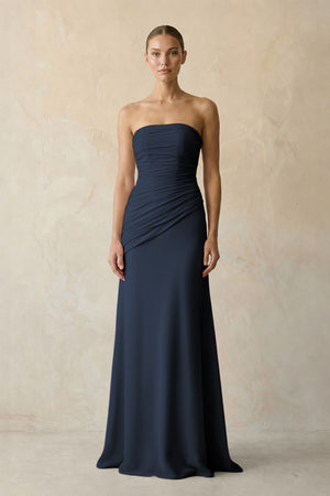 Dark Navy Sheath Chiffon Strapless Pleated Bridesmaid Dress in Frost - KISS BRIDAL Bridesmaid Dresses