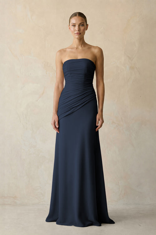 Dark Navy Sheath Chiffon Strapless Pleated Bridesmaid Dress in Frost - KISS BRIDAL Bridesmaid Dresses