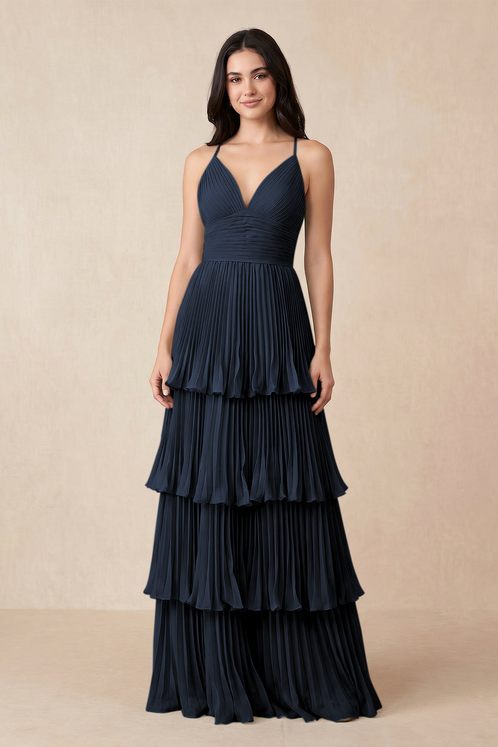 Tiered Pleated V-Neck A-Line Chiffon Bridesmaid Dress in Dark Navy