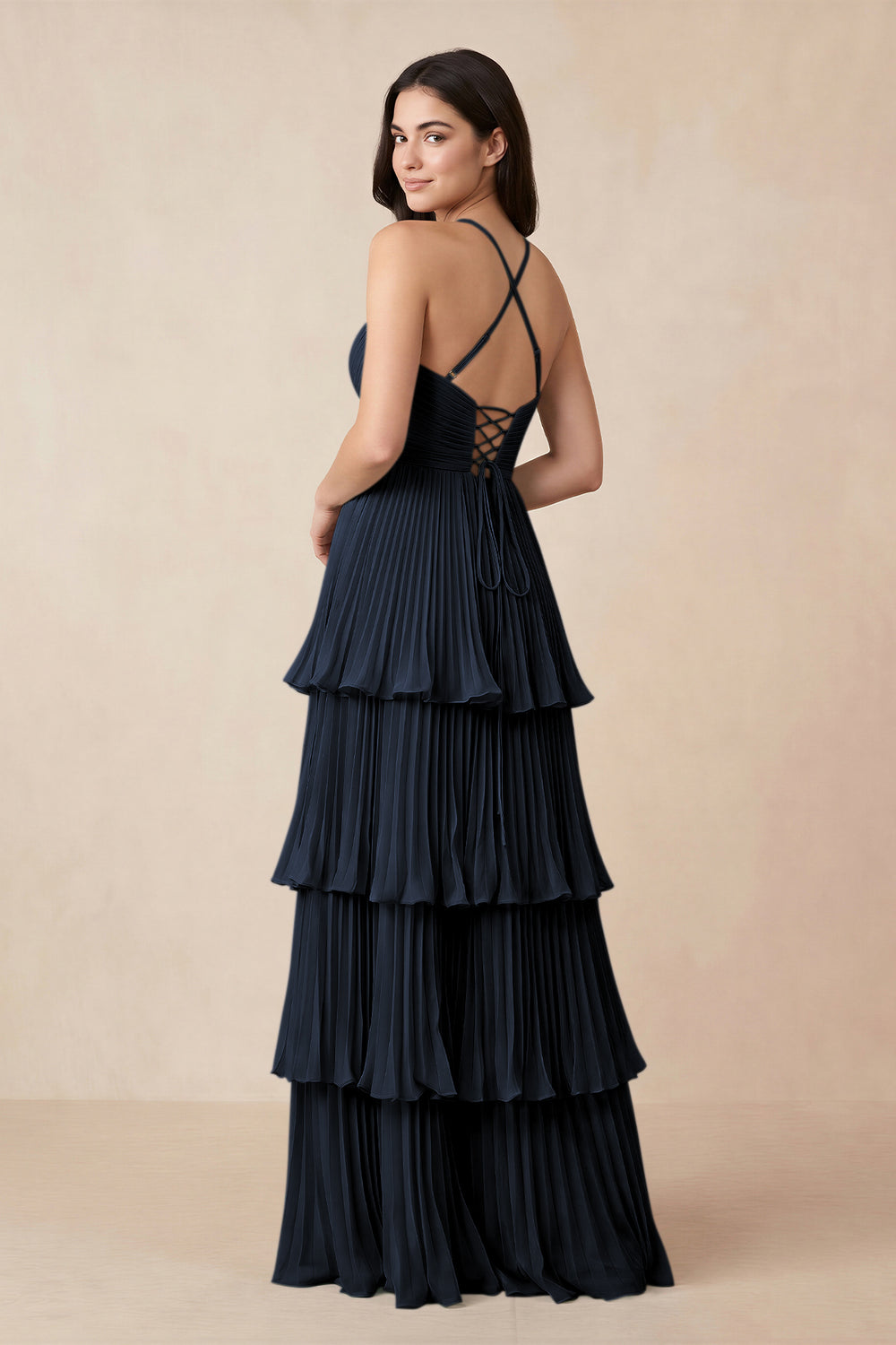 Tiered Pleated V-Neck A-Line Chiffon Bridesmaid Dress in Dark Navy