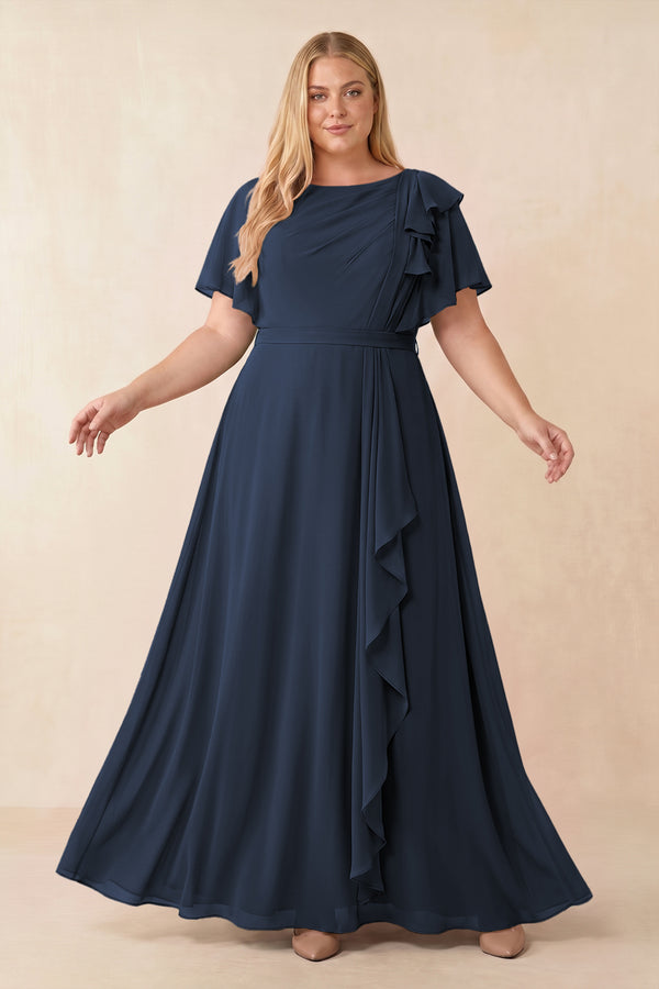Short Sleeves Bateau A-Line Chiffon Bridesmaid Dress in Dark Navy
