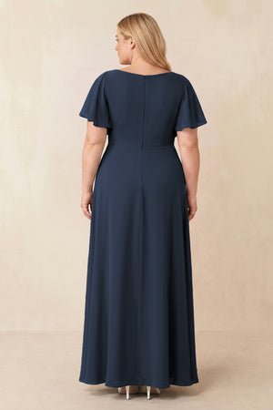 Short Sleeves Bateau A-Line Chiffon Bridesmaid Dress in Dark Navy