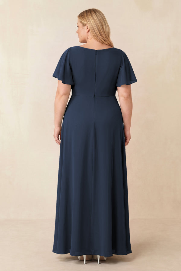 Short Sleeves Bateau A-Line Chiffon Bridesmaid Dress in Dark Navy