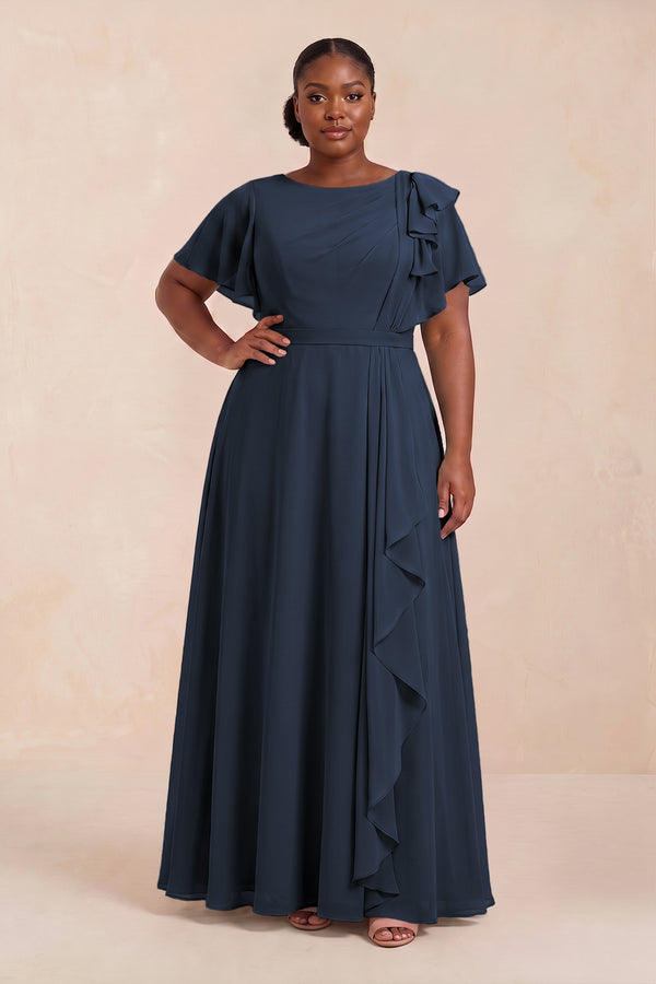Short Sleeves Bateau A-Line Chiffon Bridesmaid Dress in Dark Navy