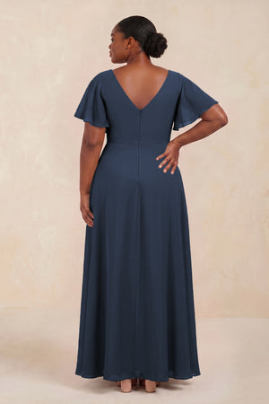 Short Sleeves Bateau A-Line Chiffon Bridesmaid Dress in Dark Navy