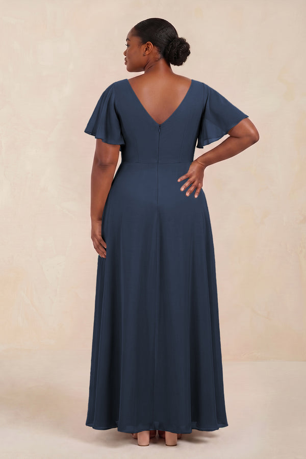 Short Sleeves Bateau A-Line Chiffon Bridesmaid Dress in Dark Navy