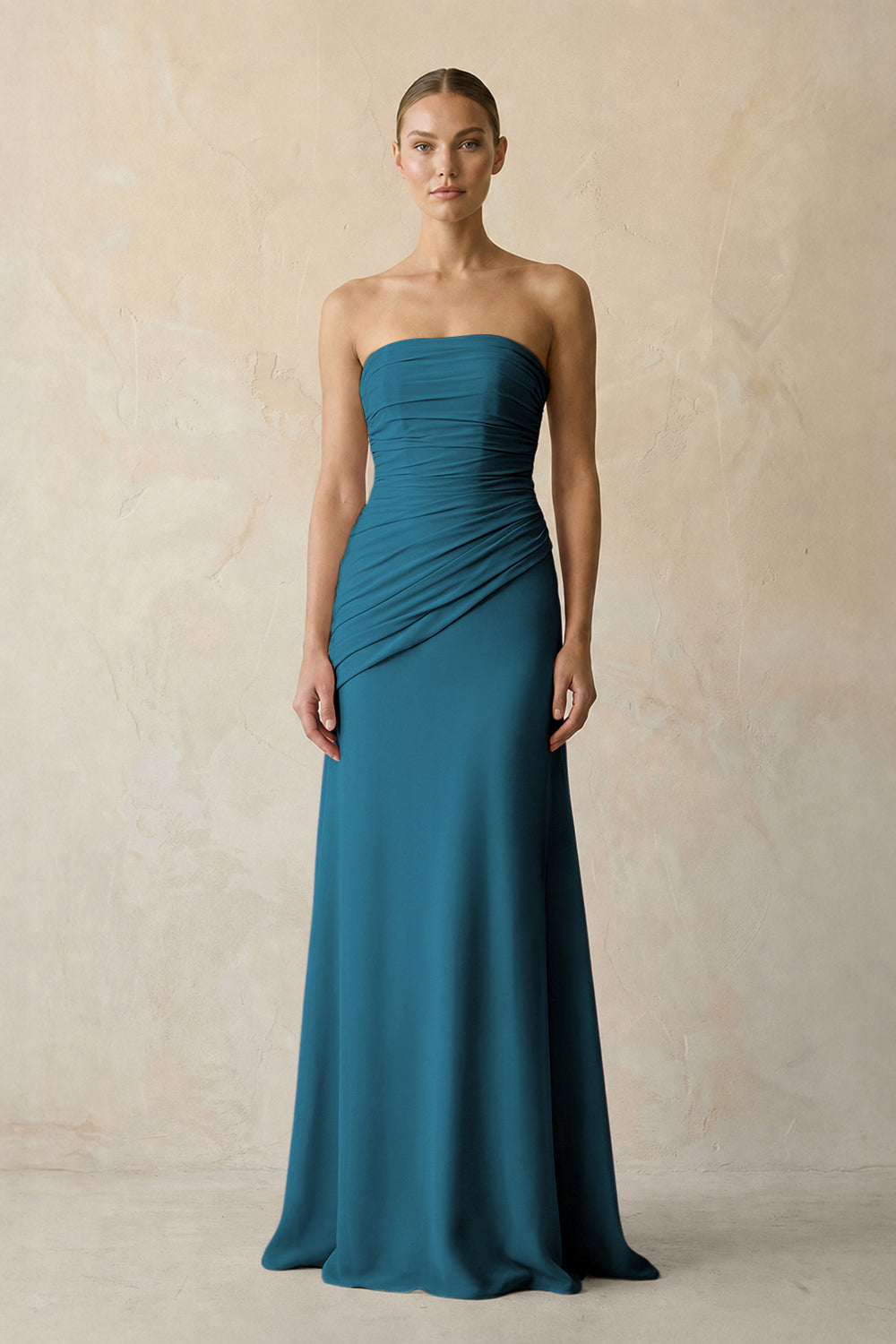 Sheath Chiffon Strapless Pleated Bridesmaid Dress in Dark Teal