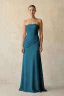Dark Teal Sheath Chiffon Strapless Pleated Bridesmaid Dress in Frost - KISS BRIDAL Bridesmaid Dresses