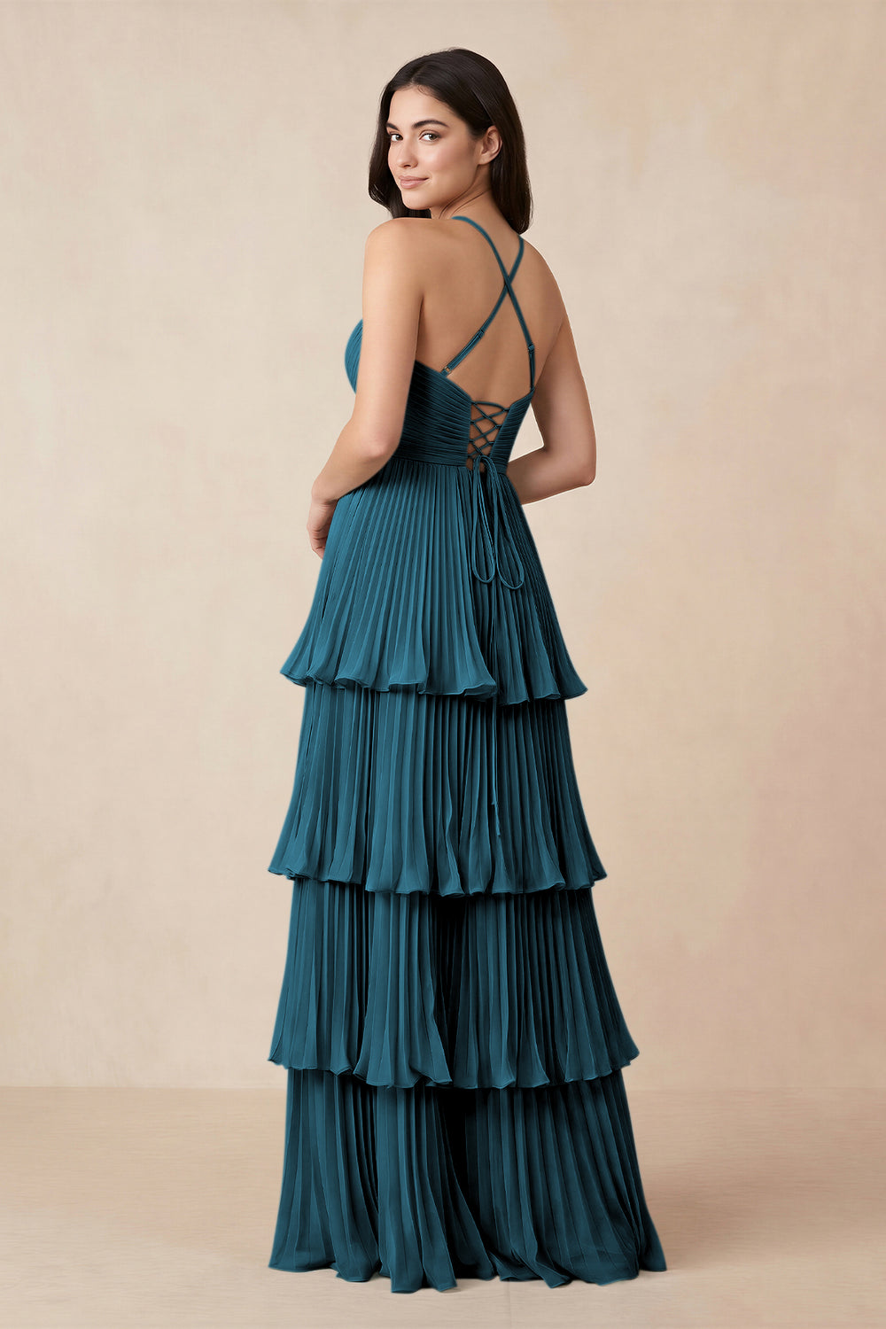 Tiered Pleated V-Neck A-Line Chiffon Bridesmaid Dress in Dark Teal