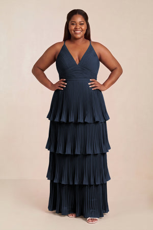 Tiered Pleated V-Neck A-Line Chiffon Bridesmaid Dress in Dark Navy