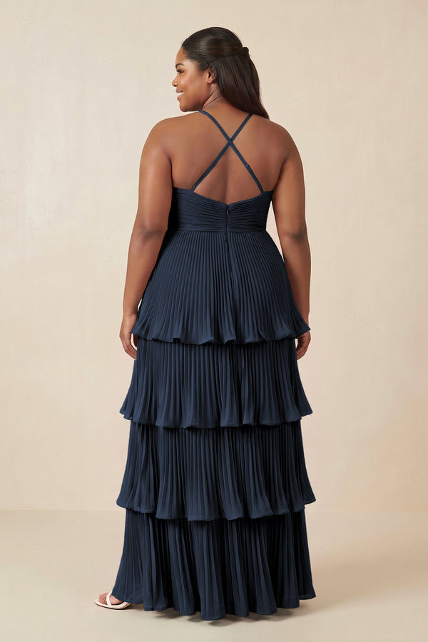 Tiered Pleated V-Neck A-Line Chiffon Bridesmaid Dress in Dark Navy