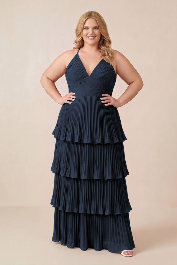 Tiered Pleated V-Neck A-Line Chiffon Bridesmaid Dress in Dark Navy