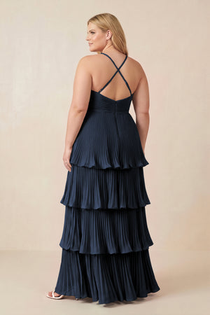 Tiered Pleated V-Neck A-Line Chiffon Bridesmaid Dress in Dark Navy