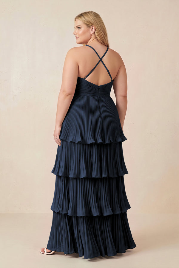 Tiered Pleated V-Neck A-Line Chiffon Bridesmaid Dress in Dark Navy