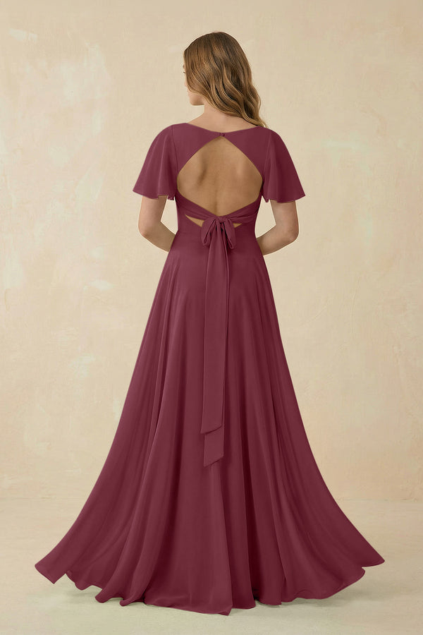 Flutter Sleeve V-Neck Chiffon A-Line Bridesmaid Dress in Desert Rose | KISSBRIDAL