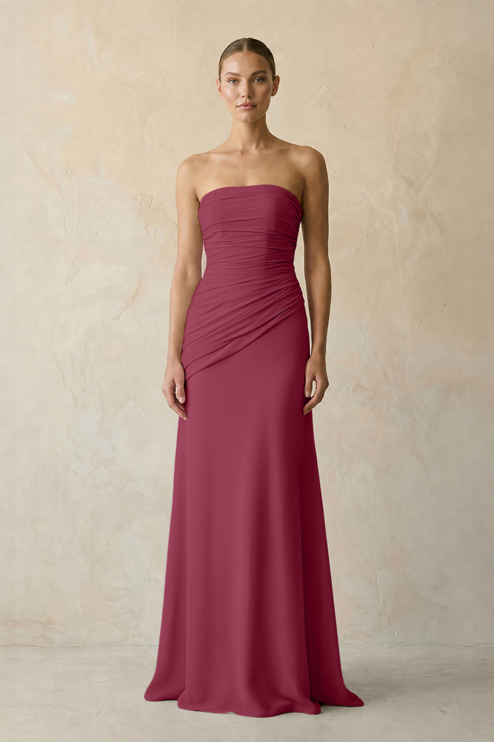 Sheath Chiffon Strapless Pleated Bridesmaid Dress in Desert Rose