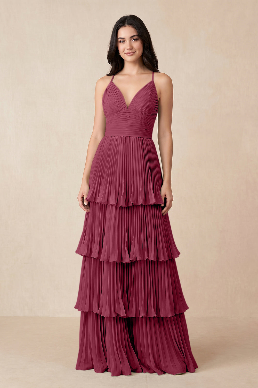 Tiered Pleated V-Neck A-Line Chiffon Bridesmaid Dress in Desert Rose