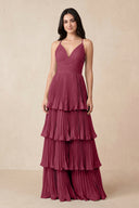 Tiered Pleated V - Neck A - Line Chiffon Bridesmaid Dress in Desert Rose - KISS BRIDAL Bridesmaid Dresses