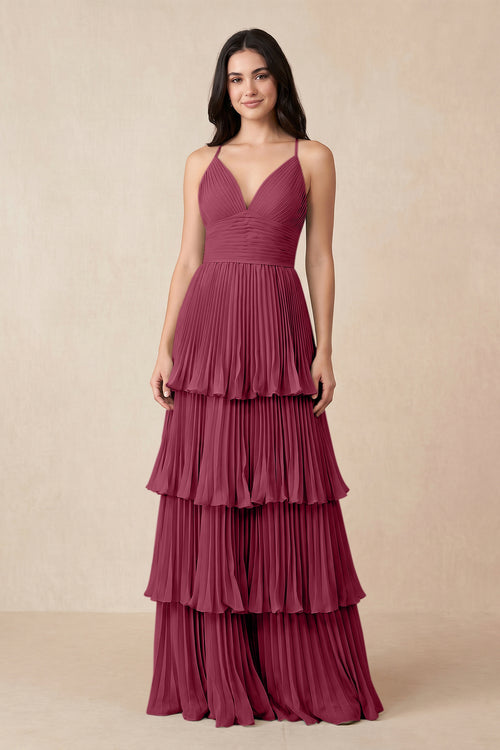 Tiered Pleated V - Neck A - Line Chiffon Bridesmaid Dress in Desert Rose - KISS BRIDAL Bridesmaid Dresses