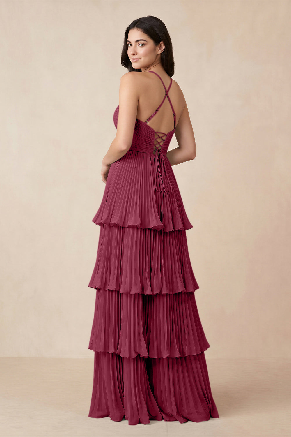 Tiered Pleated V-Neck A-Line Chiffon Bridesmaid Dress in Desert Rose